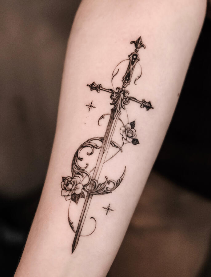 sword tattoo with moon and roses sword tattoo with moon and roses