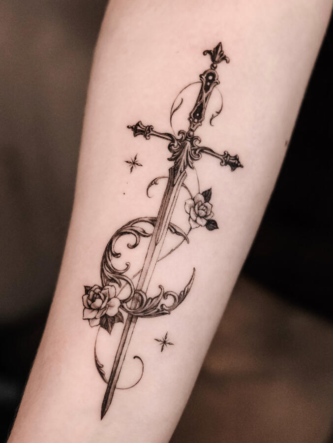 sword tattoo with moon and roses sword tattoo with moon and roses